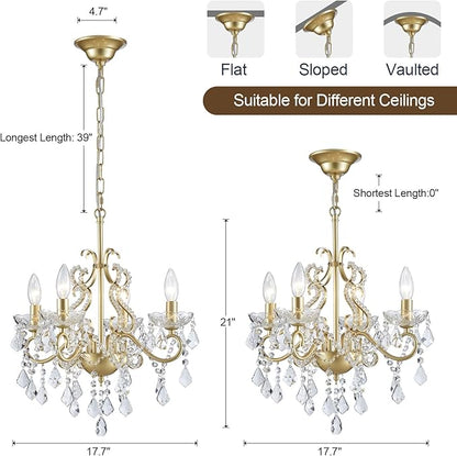 Mini Crystal Chandelier, Modern K9 Crystal Chandeliers for Dining Room, 4-Lights Gold Pendant Ceiling Light Fixture for Entryway Kitchen Island Bathroom Bedroom Living Room, H 21" x W 17.7"