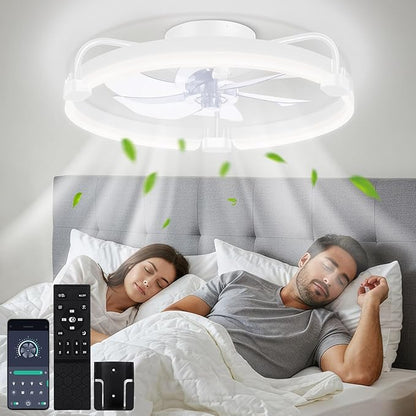 OUTON 20" Ceiling Fan with Light, Remote & App Control, Fandelier Low Profile Flush Mount Ceiling Fan with 3000K-6500K Stepless Dimmable, 6 Speed, Quiet DC Motor, Modern Ceiling Fans for Bedroom White