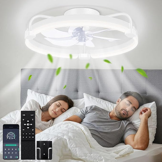 OUTON 20" Ceiling Fan with Light, Remote & App Control, Fandelier Low Profile Flush Mount Ceiling Fan with 3000K-6500K Stepless Dimmable, 6 Speed, Quiet DC Motor, Modern Ceiling Fans for Bedroom White
