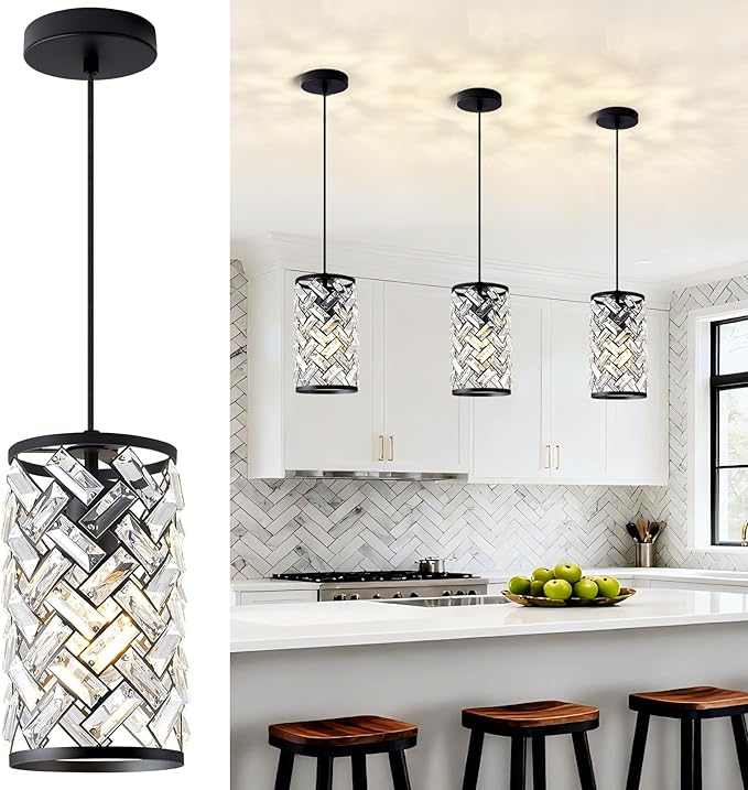 2 Pack Black Crystal Pendant Lights Kitchen Island, Modern Mini Chandelier, Adjustable Hanging Ceiling Light Fixture for Kitchen Dining Room Bedroom Foyer Bar, L6.1 x H11.8