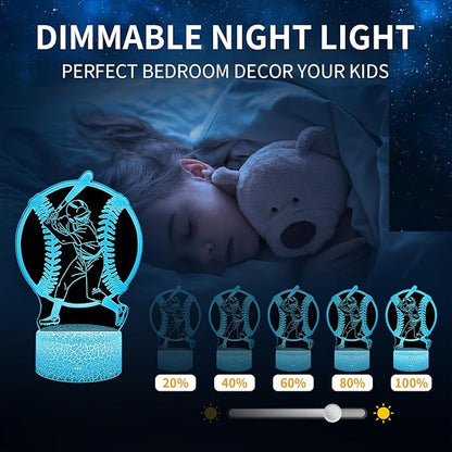 BASSI Baseball Gift 3D Night Light for Kids - 16 Colors & Flashing Modes with Remote Control Opreated Dimmable - Baseball Player Decor - Christmas Birthday Gifts for Boys Girls Sport Fans
