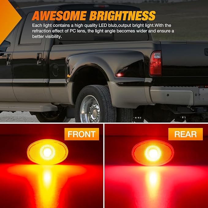 Nilight Fender Side Marker Lights 4 PCS Red Amber Front Rear Clearance Light Compatible with Ford 1999-2010 F350 F450 F550 Super Duty Dual Wheeler Trucks