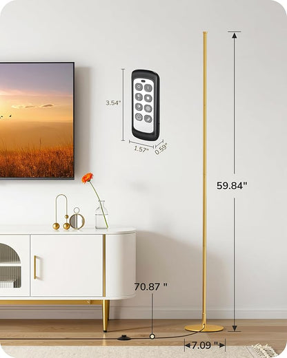 EDISHINE Corner Floor Lamp, 59.8" Standing Lamp with 3 Height Settings, Adjustable Color Temperature & Stepless Dimming, Remote Control, Foot Switch, Slim Floor Lamps for Living Room, Gold