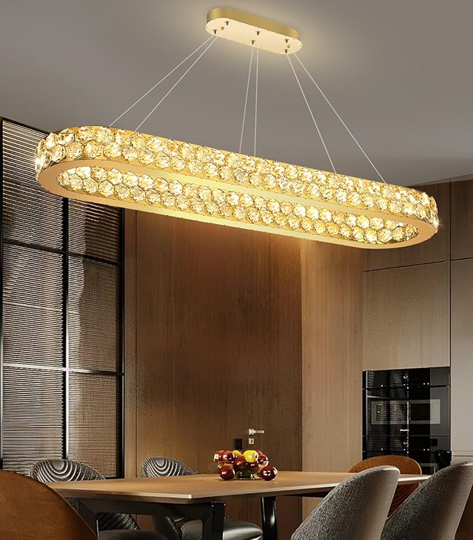 47'' Modern Oval Chandelier Crystal Chandeliers for Dining Room Round Ceiling Light Fixture for Living Room Lighting LED Dimmable with Remote Ring Lights Gold
