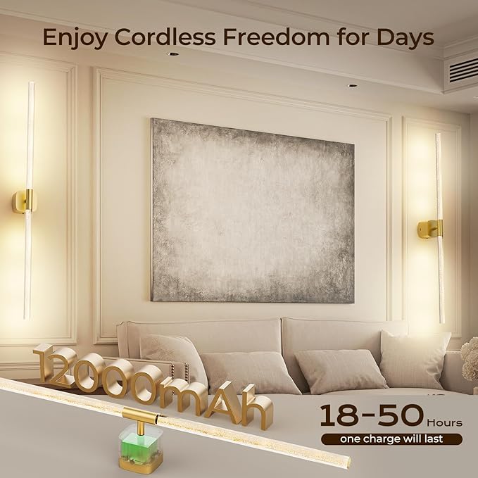 Battery Operated Wall Sconce Set of 2 Rechargeable Battery Powered Wall Light with 12000mAh Wireless Dimmable Wall Lamp Fixtures for Bedroom Living Room (Brushed Gold, 31"-2 Pack)