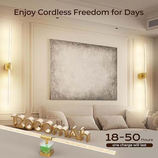 Battery Operated Wall Sconce Set of 2 Rechargeable Battery Powered Wall Light with 12000mAh Wireless Dimmable Wall Lamp Fixtures for Bedroom Living Room (Brushed Gold, 31"-2 Pack)