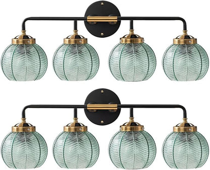 2-Pack Glass Wall 4-Lights Bathroom Vanity Light fixtures Green Glass Globe Shade Mid Century Modern Light Fixture Black Large Wall Sconce for Over Mirror Bath Living Room Cabinet