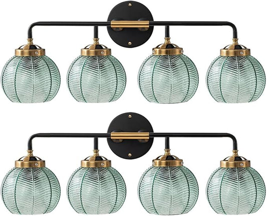 2-Pack Glass Wall 4-Lights Bathroom Vanity Light fixtures Green Glass Globe Shade Mid Century Modern Light Fixture Black Large Wall Sconce for Over Mirror Bath Living Room Cabinet