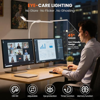 LED Desk Lamp for Office Home, Adjustable 3 Head Computer Monitor Light with Clamp, Eye Caring Clip on Desk Light Stepless Dimming, Auto-off Timer Architect Desk Lamp for Reading Study Workbench White