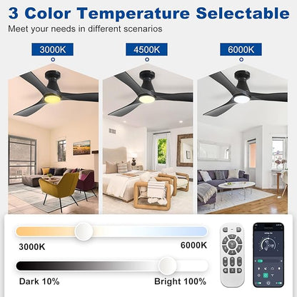 DLLT 42-Inch Ceiling Fans with Lights: Flush Mount Ceiling Fan 3 Blades for Indoor Outdoor - Black Ceiling Fan with Remote APP Control Noiseless for Low Profile Bedroom