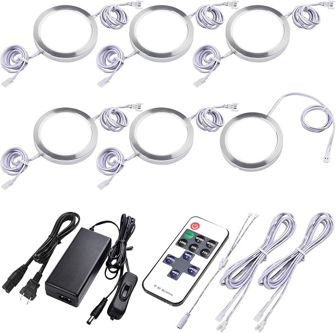 Under Cabinet Puck Lighting Kit, Atmosphere Ambiance Lighting, Dimmable Wireless RF LED Remote Control, Daisy Chain Linable, AC120V to DC12V, Hardwired or Wall Plug, 6 Lights, Daylight