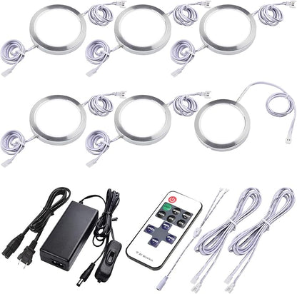 Under Cabinet Puck Lighting Kit, Atmosphere Ambiance Lighting, Dimmable Wireless RF LED Remote Control, Daisy Chain Linable, AC120V to DC12V, Hardwired or Wall Plug, 6 Lights, Daylight