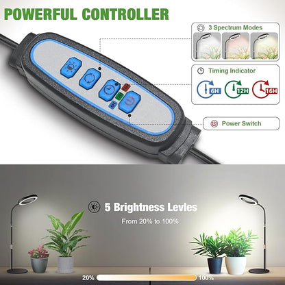 Garpsen Grow Lights for Indoor Plants, 80 LEDs Full Spectrum Desk Plant Light with Timer for 6H/12H/16H, 5 Dimmable Levels & Flexible Gooseneck 6000K Grow Lamp with Base, Height Adjustable 16.5-25"