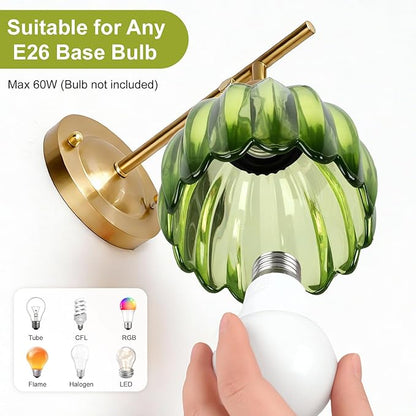 Vintage Gold Wall Sconces with Green Tulip Glass Lampshade, Hardwired Wall Lamp (2 Usage Methods), Brass Sconces Hradwired Modern Wall Light Fixture for Bedroom Living Room