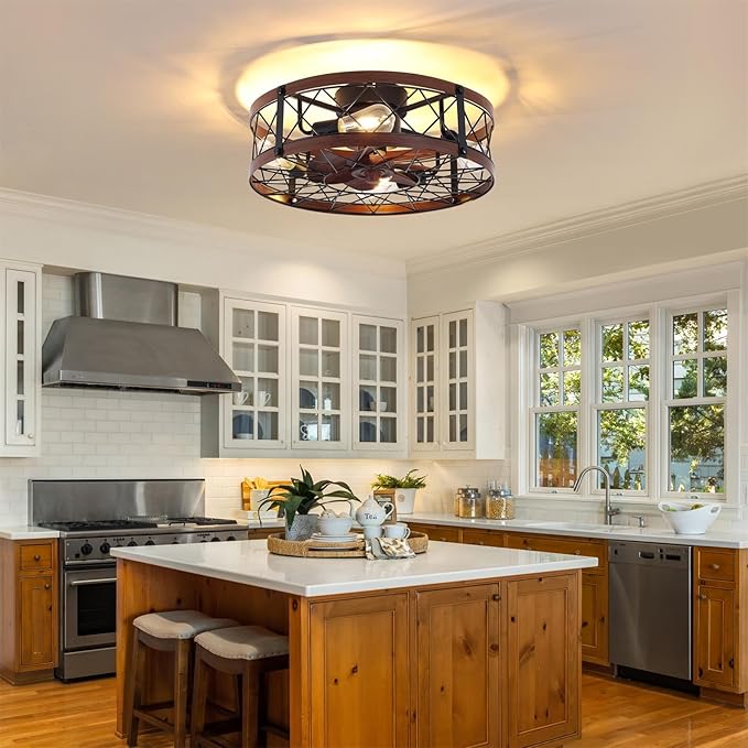 24" Farmhouse Flush Mount Caged Ceiling Fans with Lights, Rustic Low Profile Ceiling Fan with Light and Remote, Quiet Reversible DC Motor Bladeless Enclosed Ceiling Fan for Bedroom Dining Room Kitchen