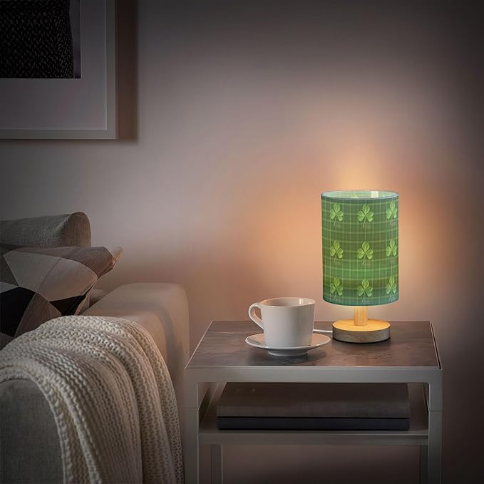 Irish Shamrock Clover on Green Plaid St Patricks Day Table Lamp with Wood Base Fabric Lamp Shade Bedside Nightstand Desk Lamp for Living Room Bedroom Kids Room Office