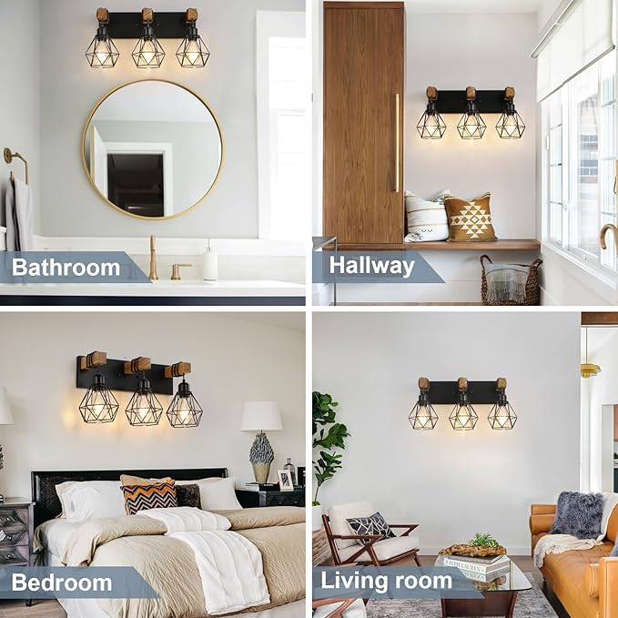 Farmhouse Vanity Light for Bathroom, 3-Light Wood Bathroom Vanity Light Fixtures Over Mirror, Rustic Sconces Wall Lighting with Metal Lampshade for Living Room, Bedroom, Hallway