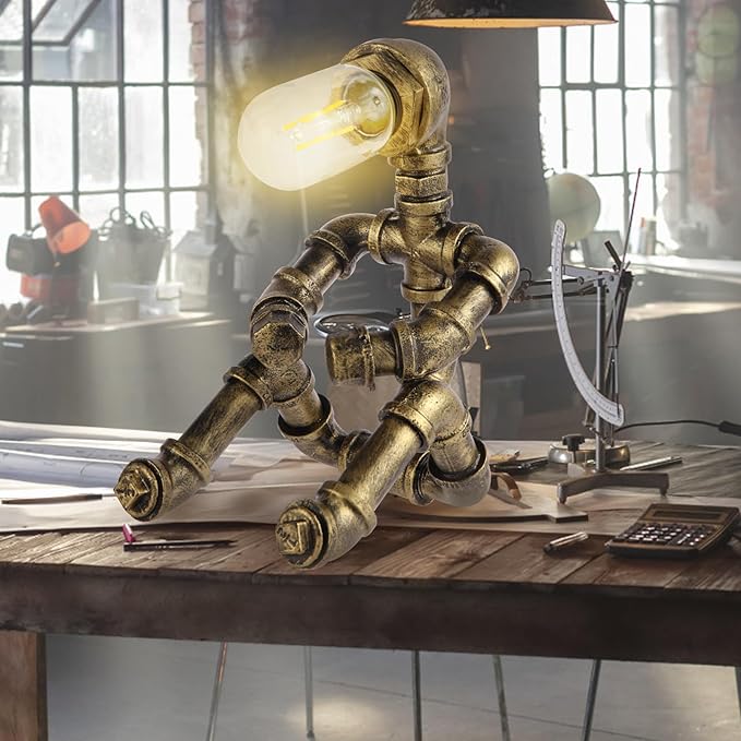 Steampunk Decor Table Lamp for Men Unique Creative Robot Style Desk Lamp,Vintage Industrial Metal Pipe Water Pipe Light, Home Decor Ideal for Bedrooms,Study. (Bronze C)