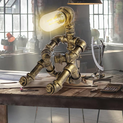 Steampunk Decor Table Lamp for Men Unique Creative Robot Style Desk Lamp,Vintage Industrial Metal Pipe Water Pipe Light, Home Decor Ideal for Bedrooms,Study. (Bronze C)