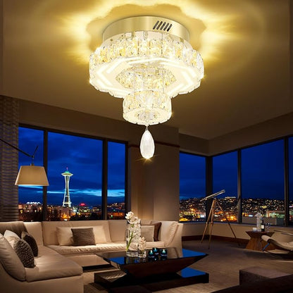 Flashing God Small Crystal Chandeliers Dia 12" Gold Chandelier Flush Mount Ceiling Light for Bedroom Living Room Dining Room Hallway Dimmable 3 Rings LED Celing Lighting Fixtures