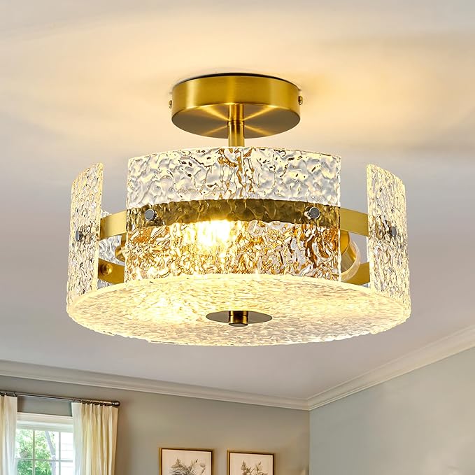 ZGLAOJT Semi Flush Mount Ceiling Light Modern Gold Celing Light Fixture 3-Light 12 Inch Acrylic Farmhouse for Kitchen Bedroom Hallway Dining Room.