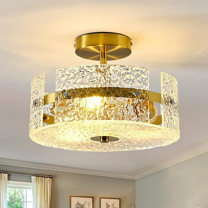 ZGLAOJT Semi Flush Mount Ceiling Light Modern Gold Celing Light Fixture 3-Light 12 Inch Acrylic Farmhouse for Kitchen Bedroom Hallway Dining Room.