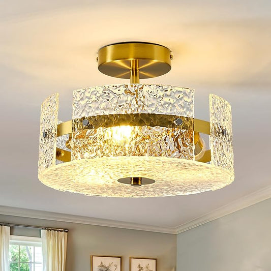 ZGLAOJT Semi Flush Mount Ceiling Light Modern Gold Celing Light Fixture 3-Light 12 Inch Acrylic Farmhouse for Kitchen Bedroom Hallway Dining Room.