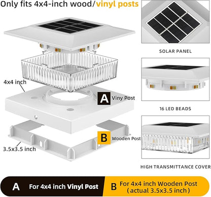 4x4 Solar Post Cap Lights 12 Pack, Fence Post Solar Lights with Warm White/Cool White, Only Fit 3.5"x3.5" Wood Posts & 4"x4" Vinyl Posts, Waterproof Outdoor Deck Post Light for Deck, Fence(White)