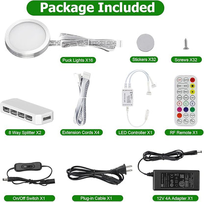 AIBOO Under Cabinet Lighting Kit, 16 Pack Dimmable RGB and CCT LED Puck Lights with Timer Function, Wireless Remote Control, Linkable Design, Ideal for Kitchen, Living Room, and Display Shelves