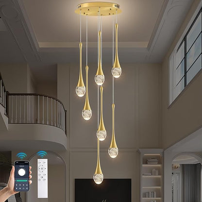 Modern Crystal Chandelier 7-Lights Gold, H60'' High Ceiling Spiral Dimmable LED Bubble Crystal Raindrop Light Fixture for Foyer Entryway Dining Room Remote Control