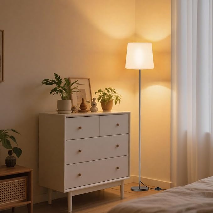SIBRILLE Floor Lamp with White Shade, 62" LED Dimmable Standing Lamp with Foot Switch, Color Options, 9W E26 Bulb Included, Modern Reading Light for Living Room Bedroom Office Corner, Black