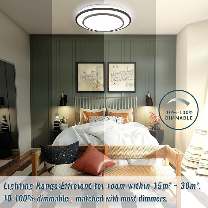 2 Pack Black LED Flush Mount Ceiling Light Fixture 5CCT, Dimmable Light Fixture Ceiling Mount 16" 24W, Overhead Modern Close to Ceiling Light for Living Room,Kitchen,Bedroom