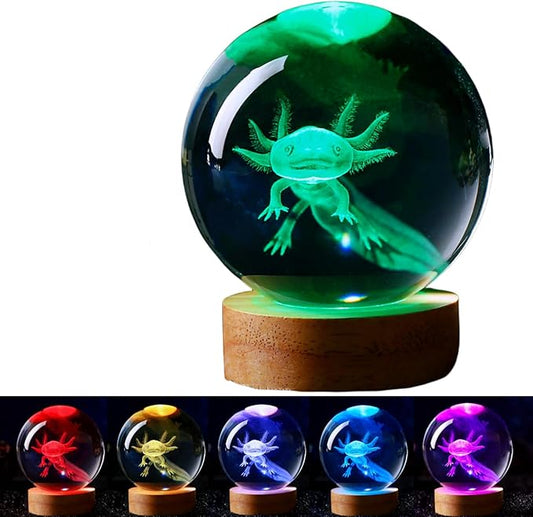 3.15 inch Axolotl Crystal Ball Lamp,3D K9 Crystal Ball Night Light with Wooden Base,16 Colors Change with Remote Control,Clear Glass Light,Birthday Gift for Friends (Axolotl)