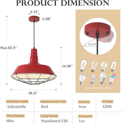 Red Pendant Lights Kitchen Island, 18.1 Inch Large Farmhouse Pendant Light, Oversized Industrial Pendant Light with Wire Cage, Barn Pendant Lights for Kitchen Dining Room (1 Pack)