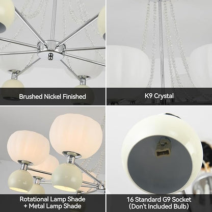 Mid Century Modern Globe & Sputnik Chandelier in Brushed Nickel with Crystal Chains,Bubble Chandelier Lighting, Pre-Assembled Round Light Fixture for Living Room,Dining Room,Entryway