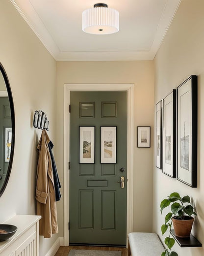 VONLUCE Semi-Flush Mount Ceiling Light, 12.2" Modern 2-Light Ceiling Light Fixture with White Pleated Drum Shade 2 E26 Sockets for Bedroom Entryway Living Room, Black Finish, ETL Certificated