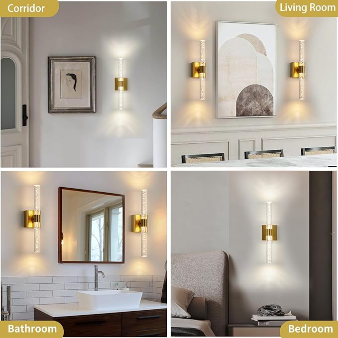 Battery Operated Wall Sconce Set of Two, Rechargeable Modern Crystal Bathroom Sconces, 3000K-6000K Dimmable Gold LED Wireless Wall Lights for Vanity Bedroom Living Room Hallway