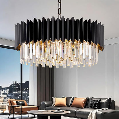 Modern 24" Black Crystal Chandelier Dimmable 8-Lights 3 Tiers Round Chandeliers K9 Crystal Ceiling Pendant Light Fixtures for Living Room Dining Room Bedroom Foyer Entryway