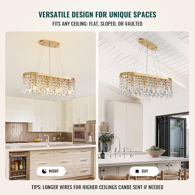 Siljoy Modern Crystal Chandelier for Dining Room, 8-Light Rectangular Gold K9 Crystal Raindrop Pendant Ceiling Light Fixture for Living Room Kitchen Island Bar L31.5'' x W11'' x H11''