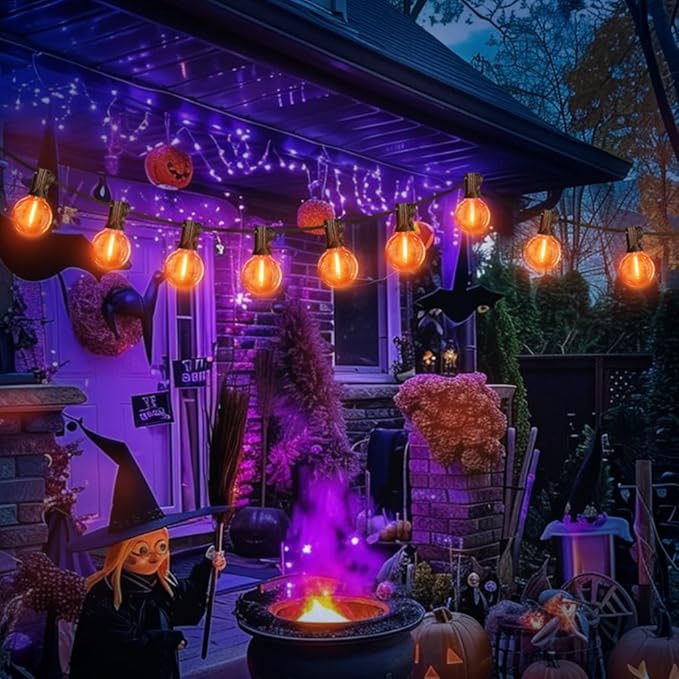 LAMPHOME 2-Pack Globe Outdoor Halloween String Lights, 26FT Patio Lights with 12+1 Edison Shatterproof Bulbs(1 Spare), Connectable Dimmable Orange Lights for Backyard Porch Halloween Decor