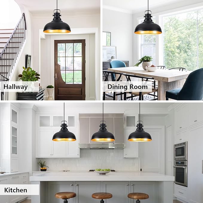 Refice 2 Pack Farmhouse Pendant Lights Black Pendant Lighting for Kitchen Island Adjustable Height Dome Hanging Lights for Barn, Dining Room