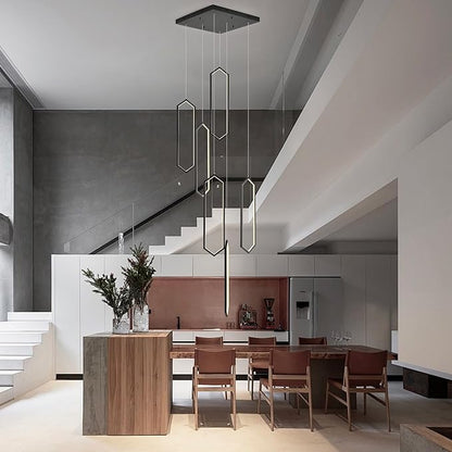 GEADI Foyer Chandeliers for High Ceilings,6-Light Modern Dimmable Led High Ceiling Chandelier with Remote Control,Black Large Chandelier Staircase Pendant Light Fixture for Entryway(3000-6500K)