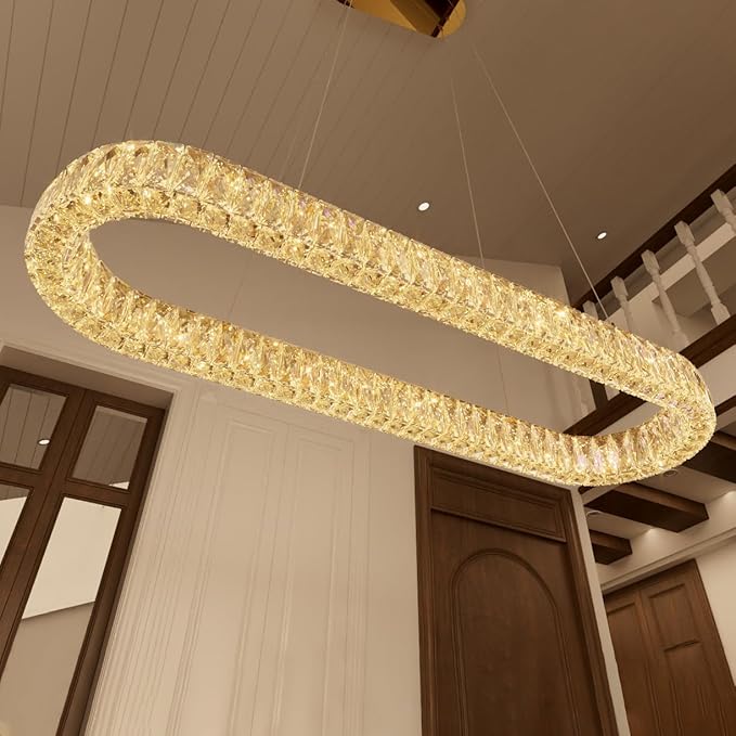 HAIXIANG Modern Crystal Chandelier Dimmable LED Long Chandeliers for Dining Table Pendant Lights Rectangular Glam Lighting Fixtures for Dining Room Kitchen Island Gold