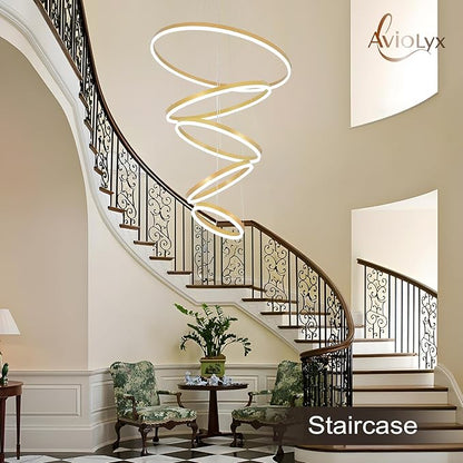 5 Rings Modern LED Chandelier Gold Large High Ceiling Chandeliers with Remote Control Contemporary Pendant Light Dimmable for Staircase Entryway Living Room Foyer Villa(3000K-6500K D31.5)