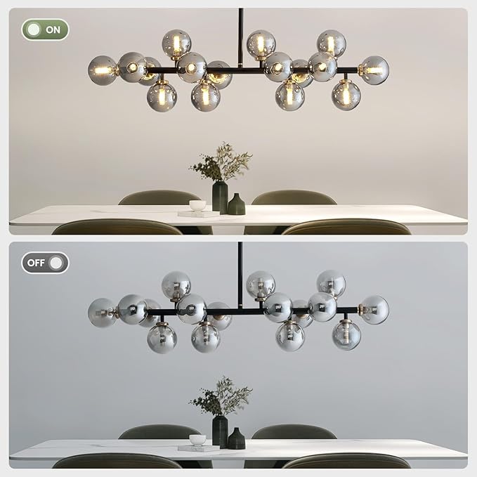 16 Lights Mid Century Modern Chandelier Black Linear Chandelier Light Fixtures Glass Globe Sputnik Pendant Light for Dining Room Kitchen Island (Smoke Gray Lampshade)