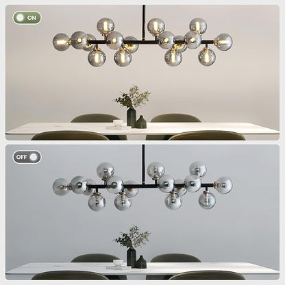 16 Lights Mid Century Modern Chandelier Black Linear Chandelier Light Fixtures Glass Globe Sputnik Pendant Light for Dining Room Kitchen Island (Smoke Gray Lampshade)