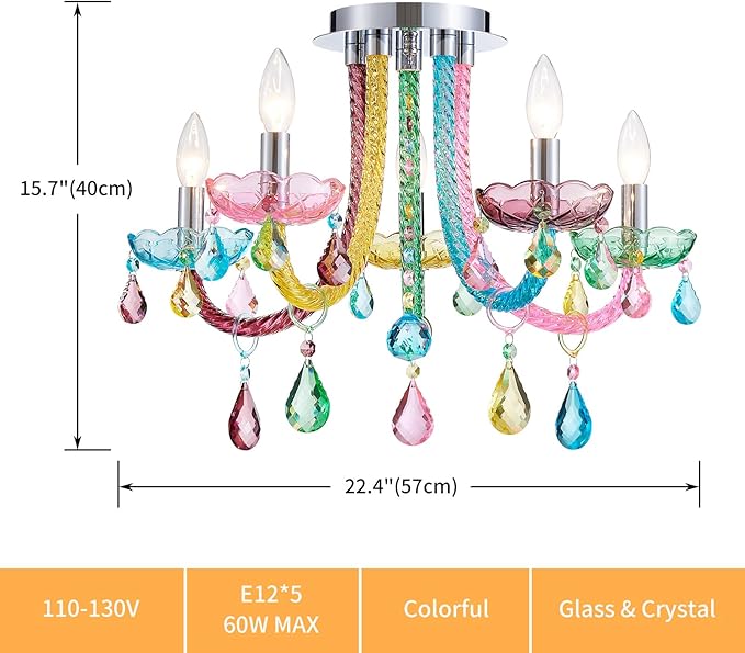 5-Light Children Candle Chandeliers, Modern Candy Design Flushmount Light Fixture for Bedroom, Dining Room, Kitchen, Bathroom, D22×H16 inch, Clear Rainbow Color Finish & K9 Crystal