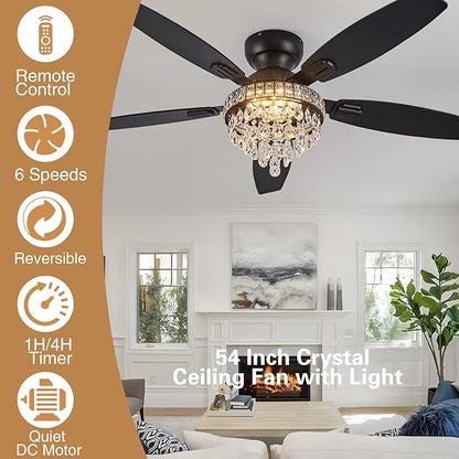 Crystal Ceiling Fan Fandelier with Lights-Ceiling Fans with Lights,54" Low Profile and Remote Control, Flush Mount, Reversible, Dimmable, Noiseless, Black Ceiling Fan for Bedroom