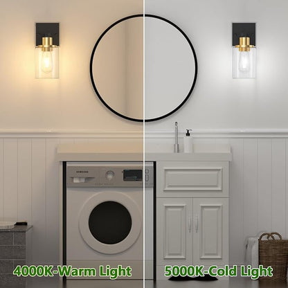 Licperron Black and Gold Wall Sconces Set of 2 with Clear Glass Shade, Matte Black Vanity Light Fixtures, Farmhouse Wall Lights for Bathroom, Bedside, Mirror, Living Room, Hallway