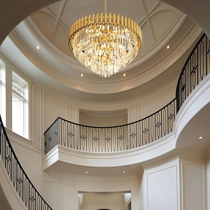 Modern Gold Crystal Chandelier, 24" 10-Light Round Chandelier,5 Tiers Ceiling Pendant Light, Large Adjustable Hanging Raindrop Chandeliers for Dining Room, Foyer, Living Room, Staircase